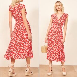 Reformation Red Oopsie Daisy Floral Carina Georgette Wrap Midi Dress Size Small